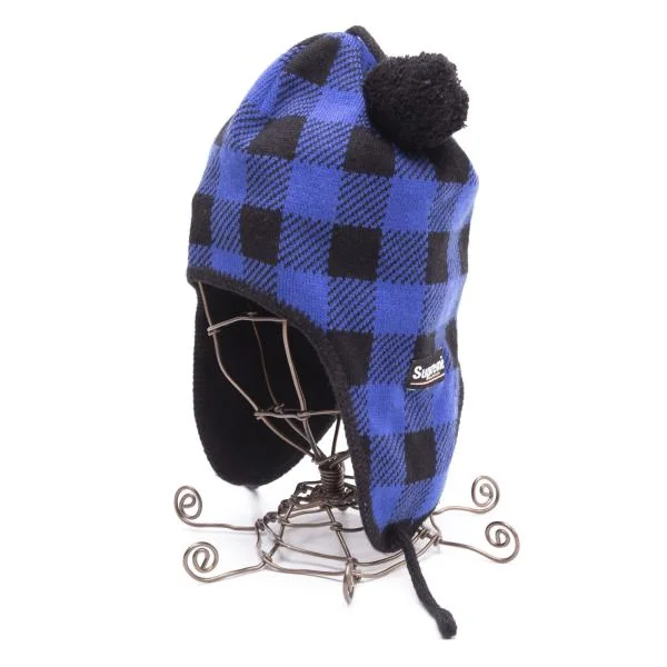 シュプリームSUPREME ポンポン付きチェックニットキャップ 黒青 (K-152405)