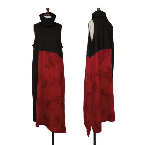 ワイズY's ウールペイズリープリント切替ノースリーブワンピース 黒赤1