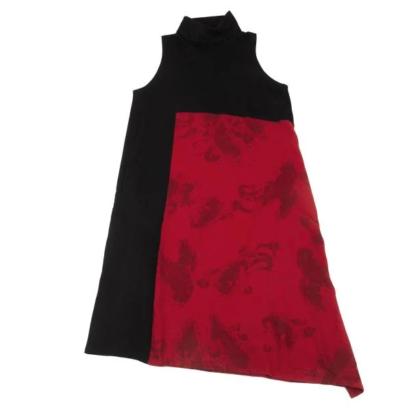 ワイズY's ウールペイズリープリント切替ノースリーブワンピース 黒赤1