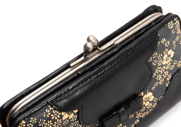 ケンゾーKENZO 花柄切替がま口レザー二つ折りウォレット財布 黒 (K-159675)