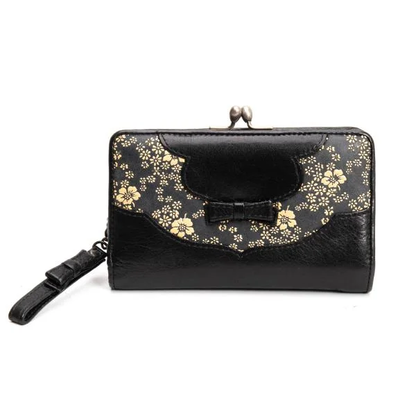 ケンゾーKENZO 花柄切替がま口レザー二つ折りウォレット財布 黒 (K-159675)