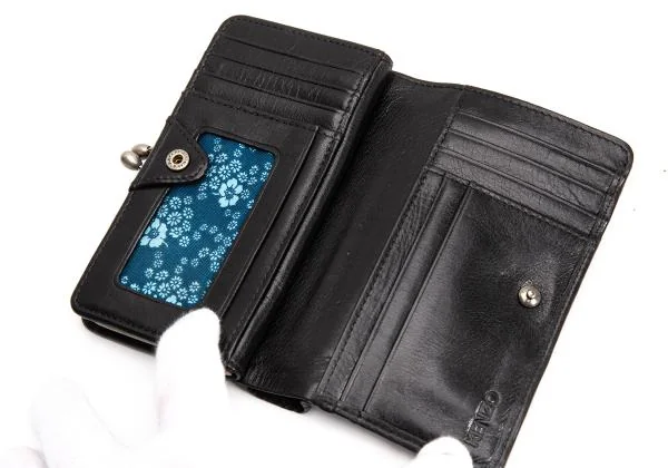 ケンゾーKENZO 花柄切替がま口レザー二つ折りウォレット財布 黒 (K-159675)