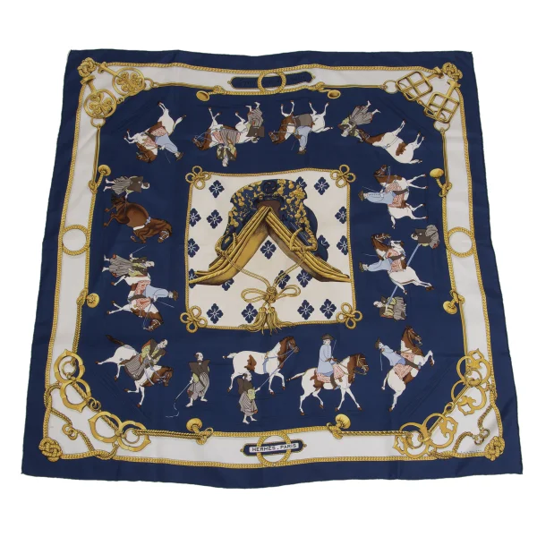 エルメスHERMES カレ90 Equitation Japonaise シルクスカーフ 紺他 (K