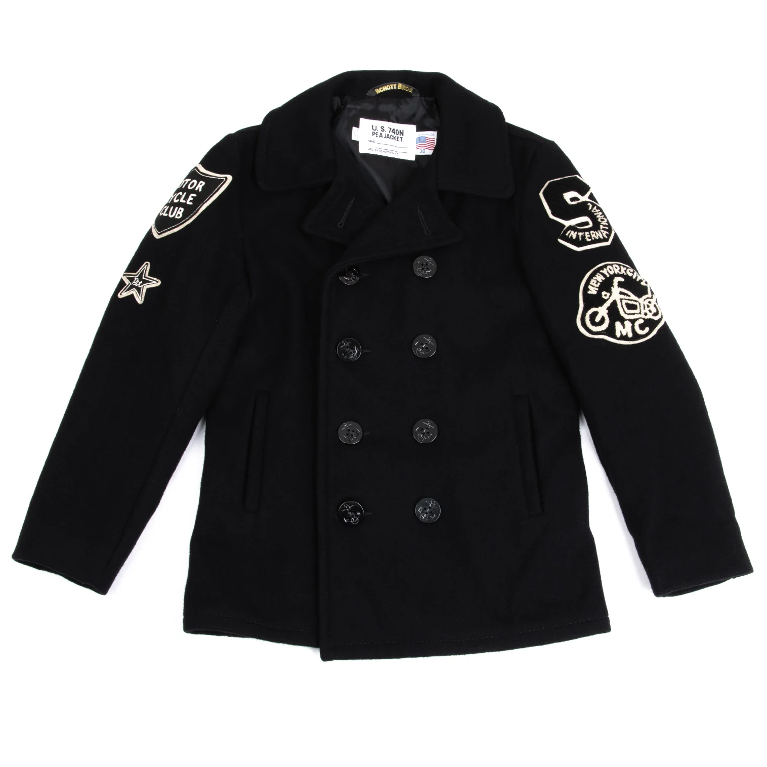 ショットSchott ウールナイロン袖ワッペンデザインPコート 黒38 (K-160888)