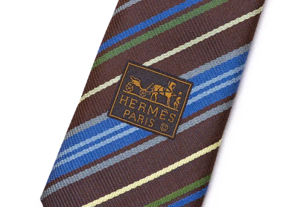 エルメスHERMES マルチストライプジャガードシルクネクタイ 茶青緑 (K