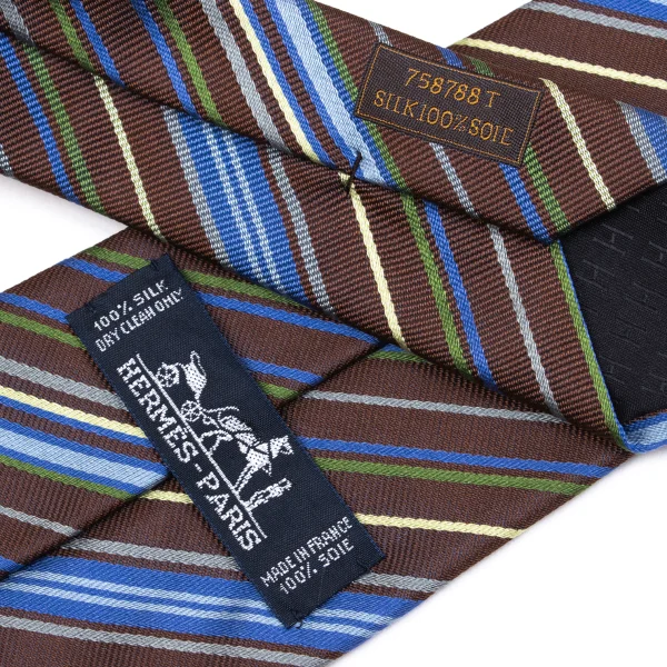 エルメスHERMES マルチストライプジャガードシルクネクタイ 茶青緑 (K