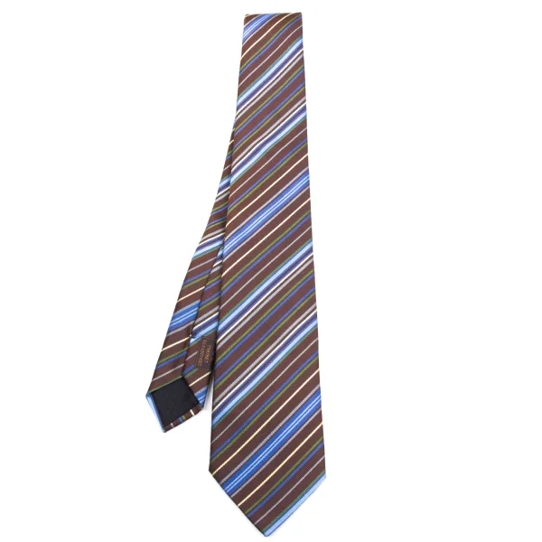 エルメスHERMES マルチストライプジャガードシルクネクタイ 茶青緑 (K