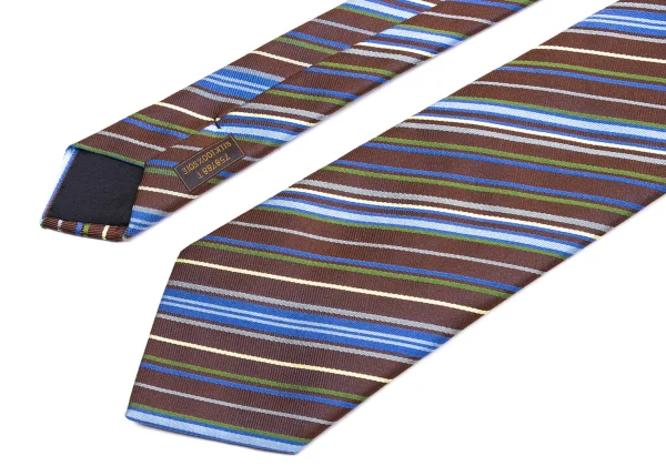 エルメスHERMES マルチストライプジャガードシルクネクタイ 茶青緑 (K