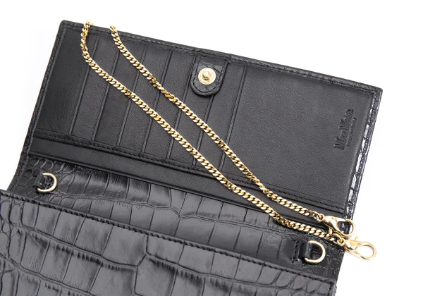 マックスマーラMax Mara クロコ型押しカウレザーチェーン長財布 黒 (K