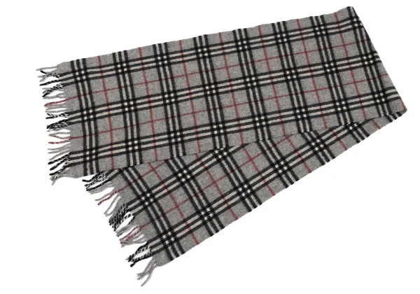 バーバリーズBurberrys' ウールチェックフリンジマフラー グレー他 (K