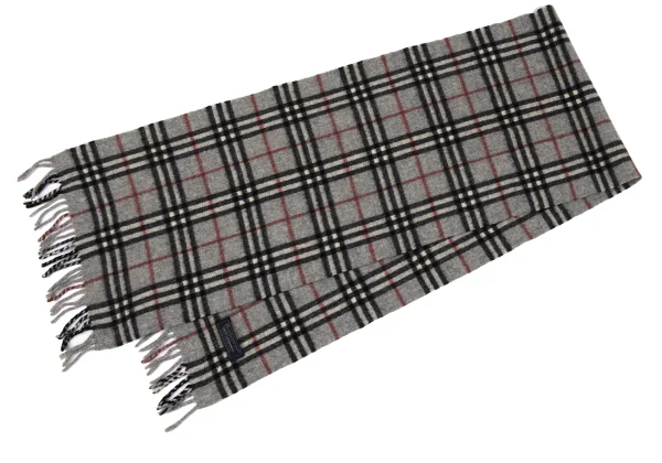 バーバリーズBurberrys' ウールチェックフリンジマフラー グレー他 (K