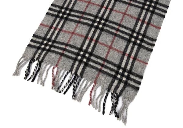 バーバリーズBurberrys' ウールチェックフリンジマフラー グレー他 (K