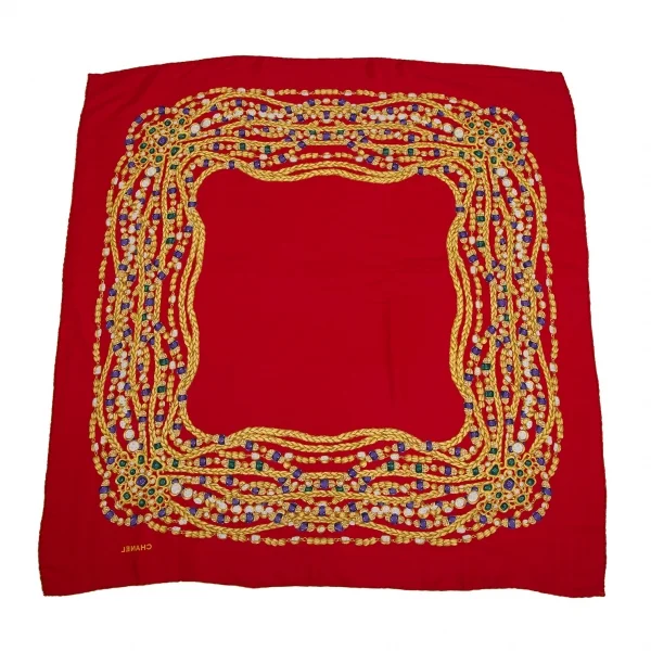 シャネルCHANEL 宝石チェーンプリント大判スカーフ 赤 (K-109630)