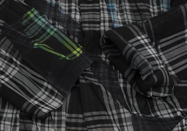 プルドゥpour deux 製品プリントシワ加工チェックシャツ 黒緑他M (K