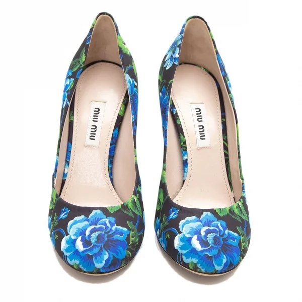 ミュウミュウMIU MIU フラワープリントパンプス 黒青36 1/2(23.5位) (K
