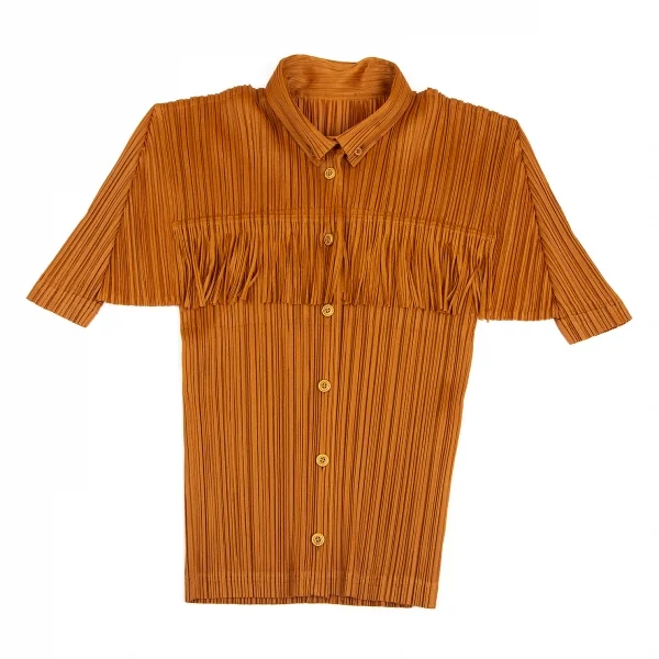 プリーツプリーズPLEATS PLEASE フリンジプリーツ半袖シャツ 茶3 (K