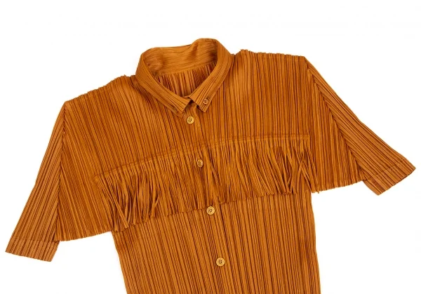 プリーツプリーズPLEATS PLEASE フリンジプリーツ半袖シャツ 茶3 (K
