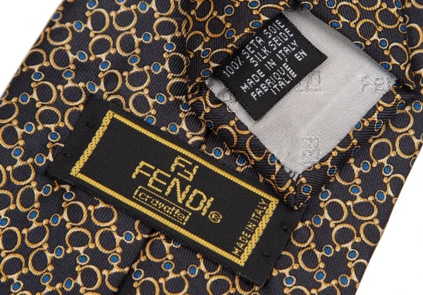 フェンディFENDI 幾何学柄シルクネクタイ 紺黄 (K-127441)