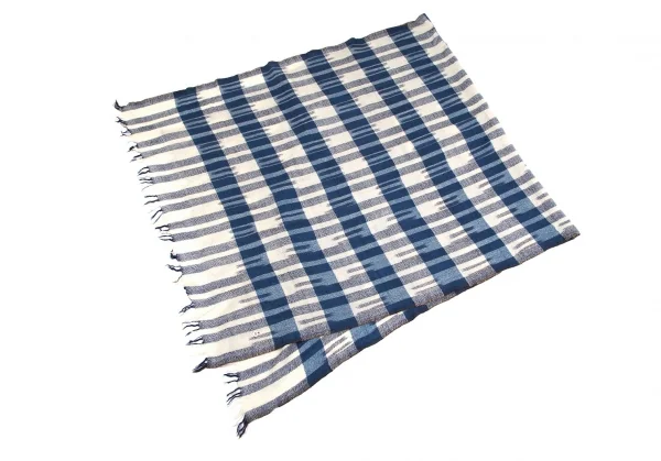 45rpm 45R ボーダー柄フリンジウールマフラー 青生成 (K-129652)