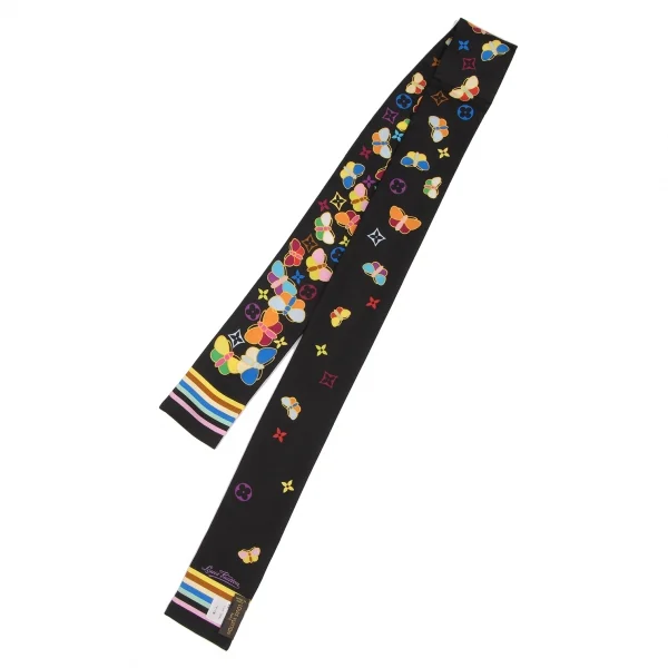 ルイヴィトンLouis Vuitton シルクバタフライモノグラム細スカーフ 黒