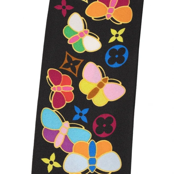 ルイヴィトンLouis Vuitton シルクバタフライモノグラム細スカーフ 黒