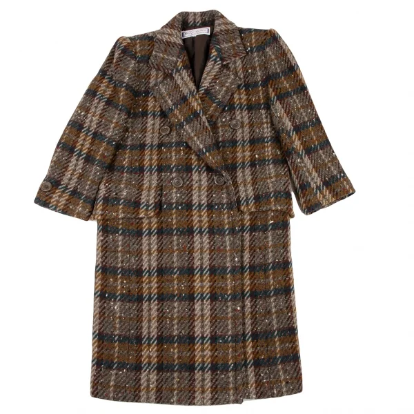 イヴサンローランYves Saint Laurent チェック織りダブルコート 緑黄茶