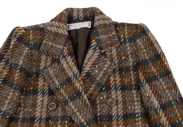 イヴサンローランYves Saint Laurent チェック織りダブルコート 緑黄茶