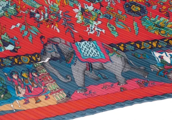 エルメスHERMES カレ90 眩惑のインド プリーツスカーフ 赤紺マルチ (K