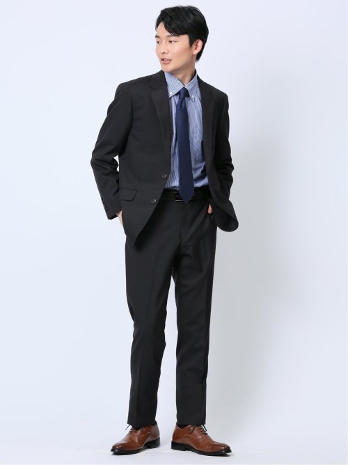 ウール混 レギュラーフィット 2ボタン2ピーススーツ ストライプ黒(A4