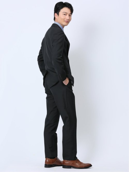 ウール混 スリムフィット 2ボタン2ピーススーツ ストライプ黒(Y4 05黒
