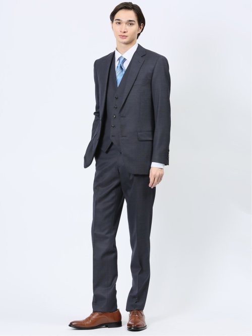光沢ウール混 スリムフィット 2ボタン スリーピーススーツ 組織柄 紺