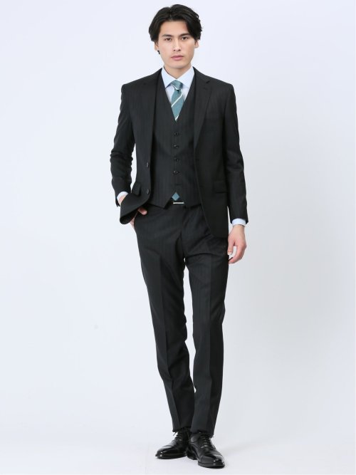光沢ウール混 スリムフィット 2ボタン3ピーススーツ シャドー