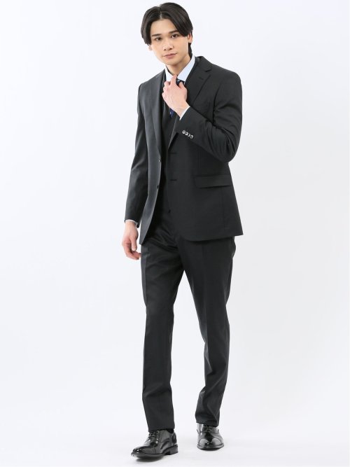 光沢ウール混 スリムフィット 2ボタン3ピーススーツ 組織こげ茶(Y4 35