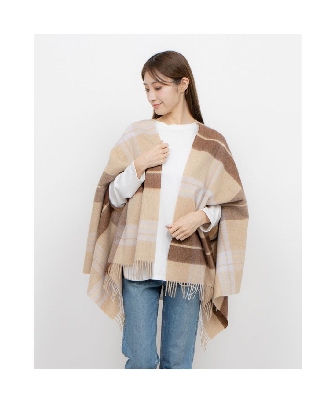 ウール100% チェックポンチョストール／大判70cm幅(506865683)｜阪急