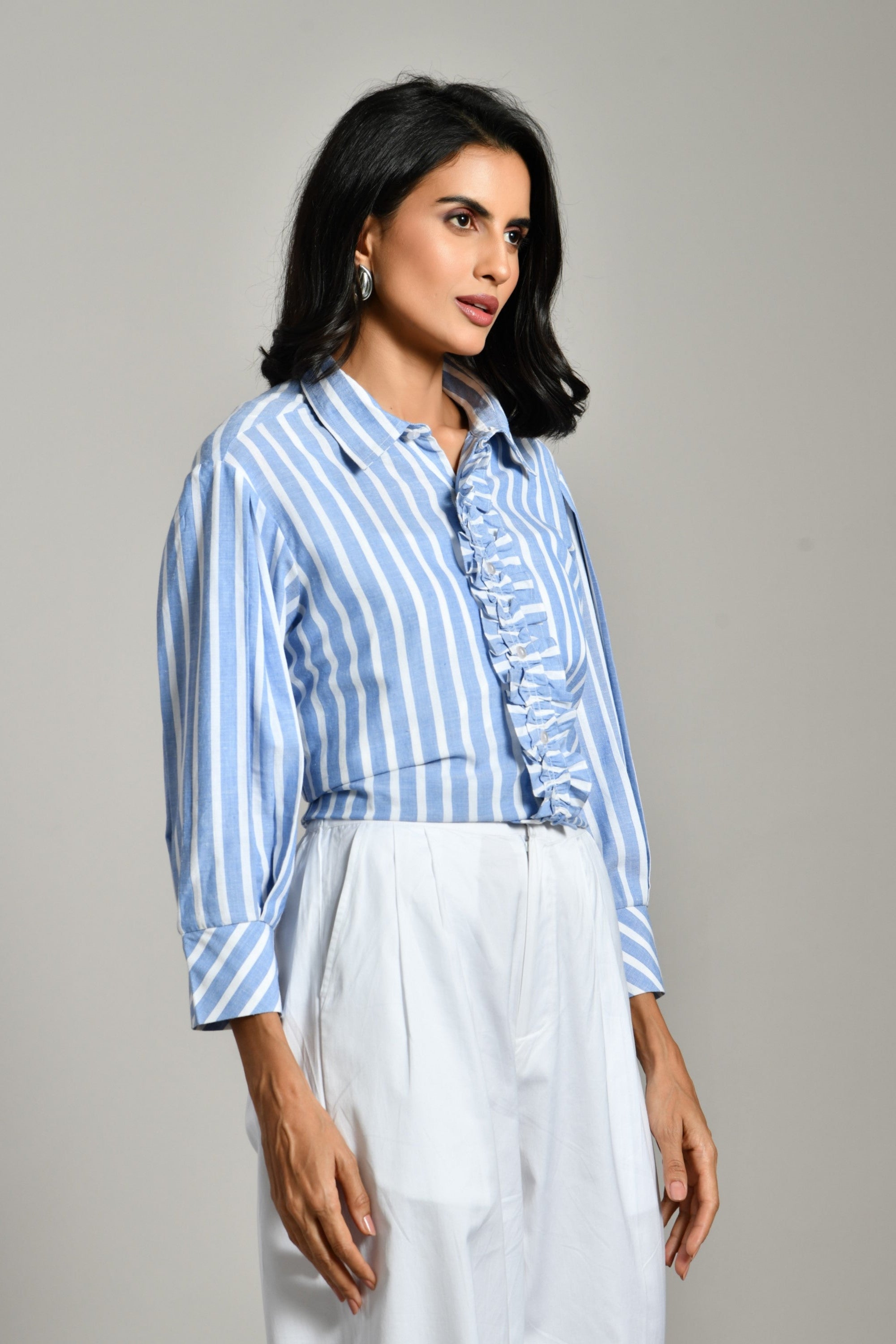 Ruffle Front Striped Shirt | Feminine Cotton Workwear – ISARA