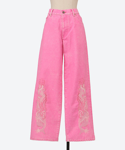 FLOCKED DENIM EMBROIDERED PANTS