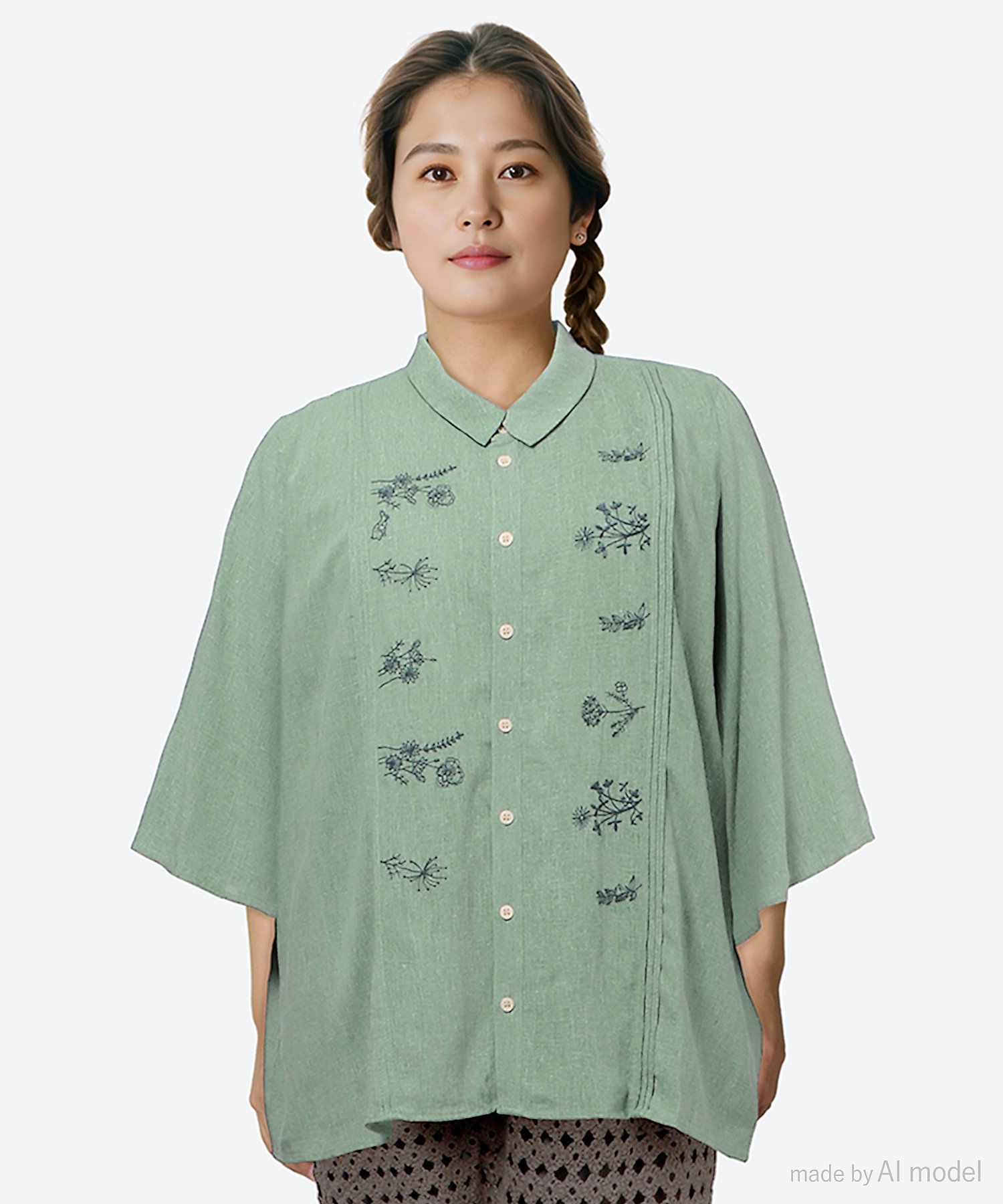 麻混シャンブレー単色アシンメトリー刺繍シャツブラウス