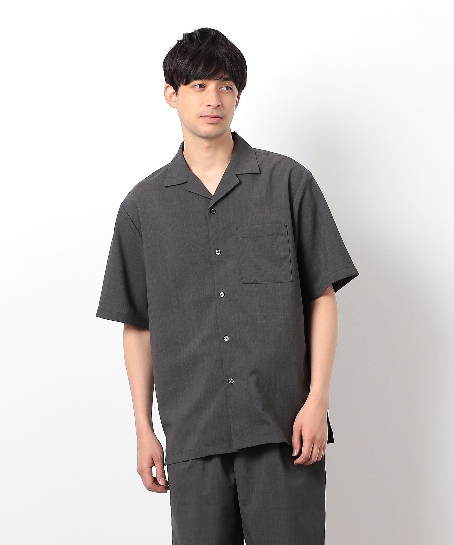 セットアップ対応】リネンライク ポリエステル オープンカラーシャツ