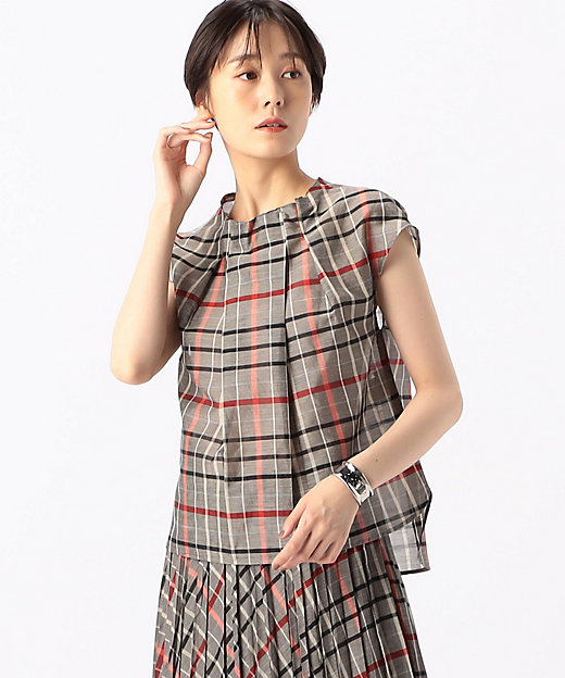 シアーリネンチェック フレンチスリーブブラウス（0103HH01