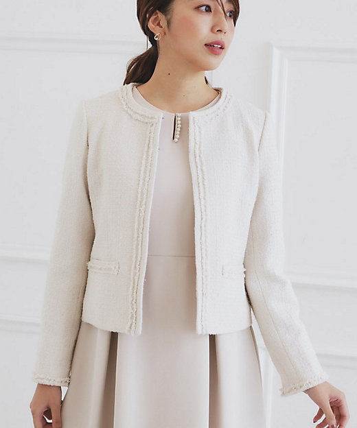 通勤・セレモニー／セットアップ対応＞ノーカラーツイードジャケット