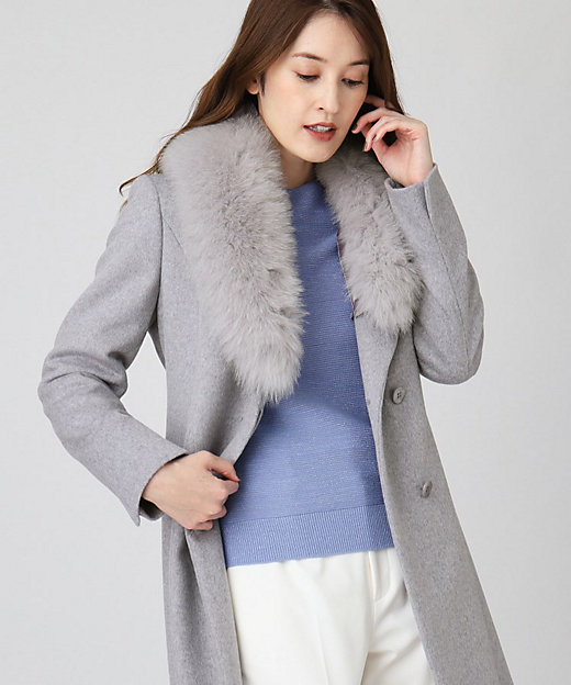 23区 フォックスファー付 ウールPコート グレー 46 3L 大きいサイズ 23