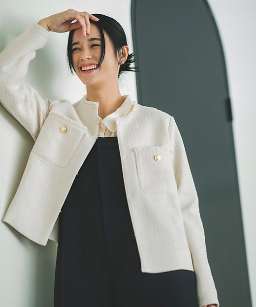 ONOFF活躍／セレモニー／通勤】ツイードノーカラージャケット