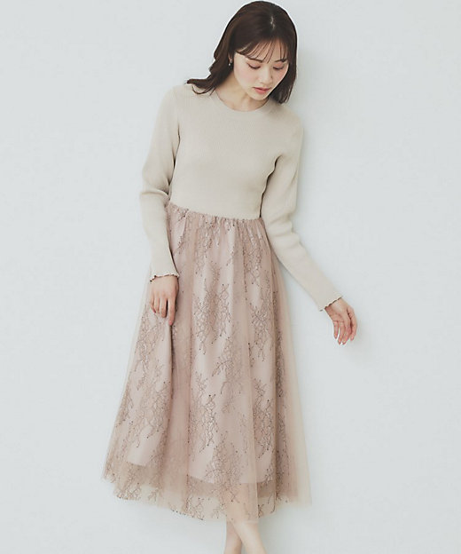 チュールレーススカートドッキングワンピース【洗濯機洗い可