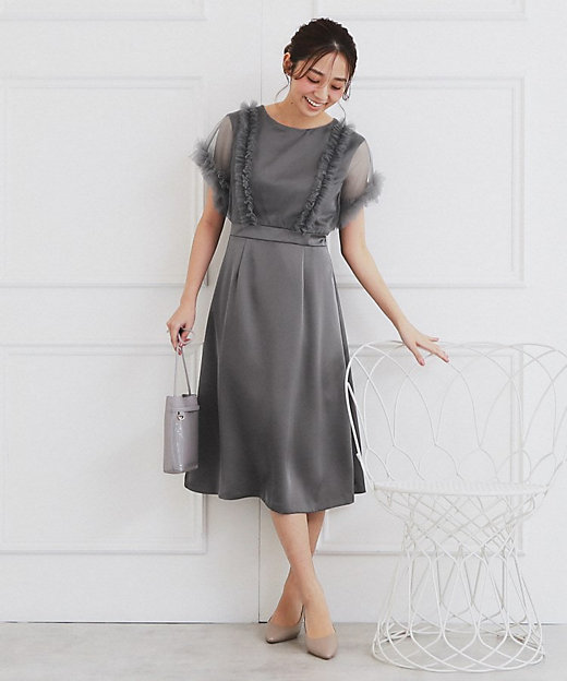 チュールフリルレイヤードサテンワンピース【洗濯機洗い可