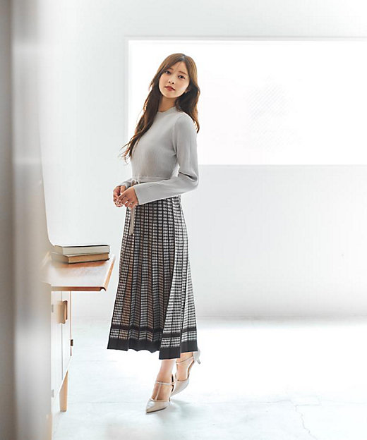千鳥チェックバイカラーニットワンピース【洗濯機OK／抗ピル