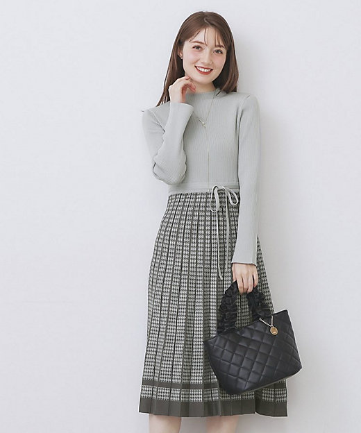 千鳥チェックバイカラーニットワンピース【洗濯機OK／抗ピル