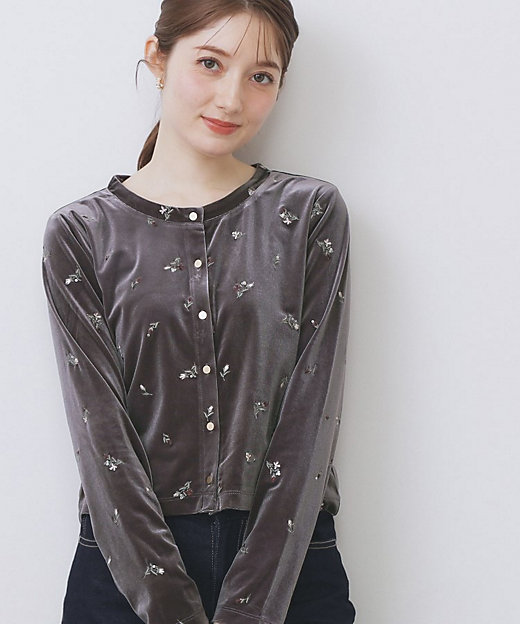 小花刺繍ベロアショートカーディガン【洗濯機OK