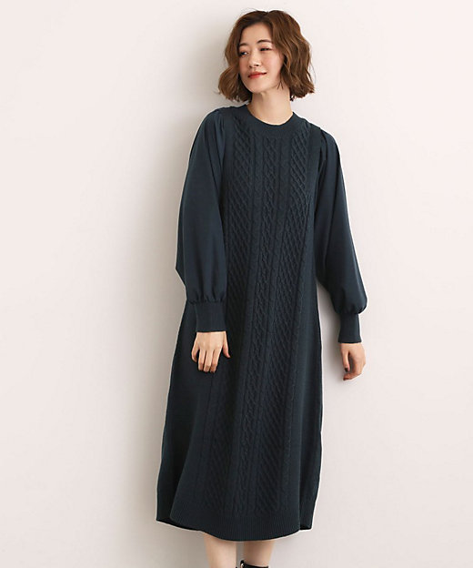 一枚で華やぐ、袖布帛ケーブルニットワンピース（2002538418