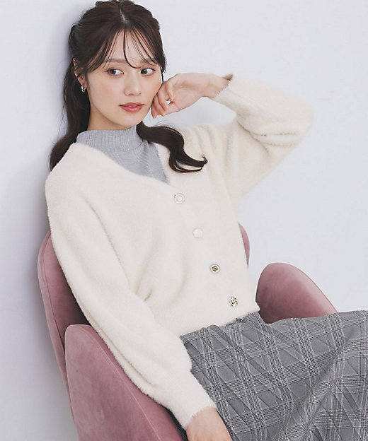 ラメフェザーヤーンVネックカーディガン【洗濯機OK