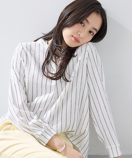 洗える／着心地楽ちん】ブラウス風ストライプカットソートップス